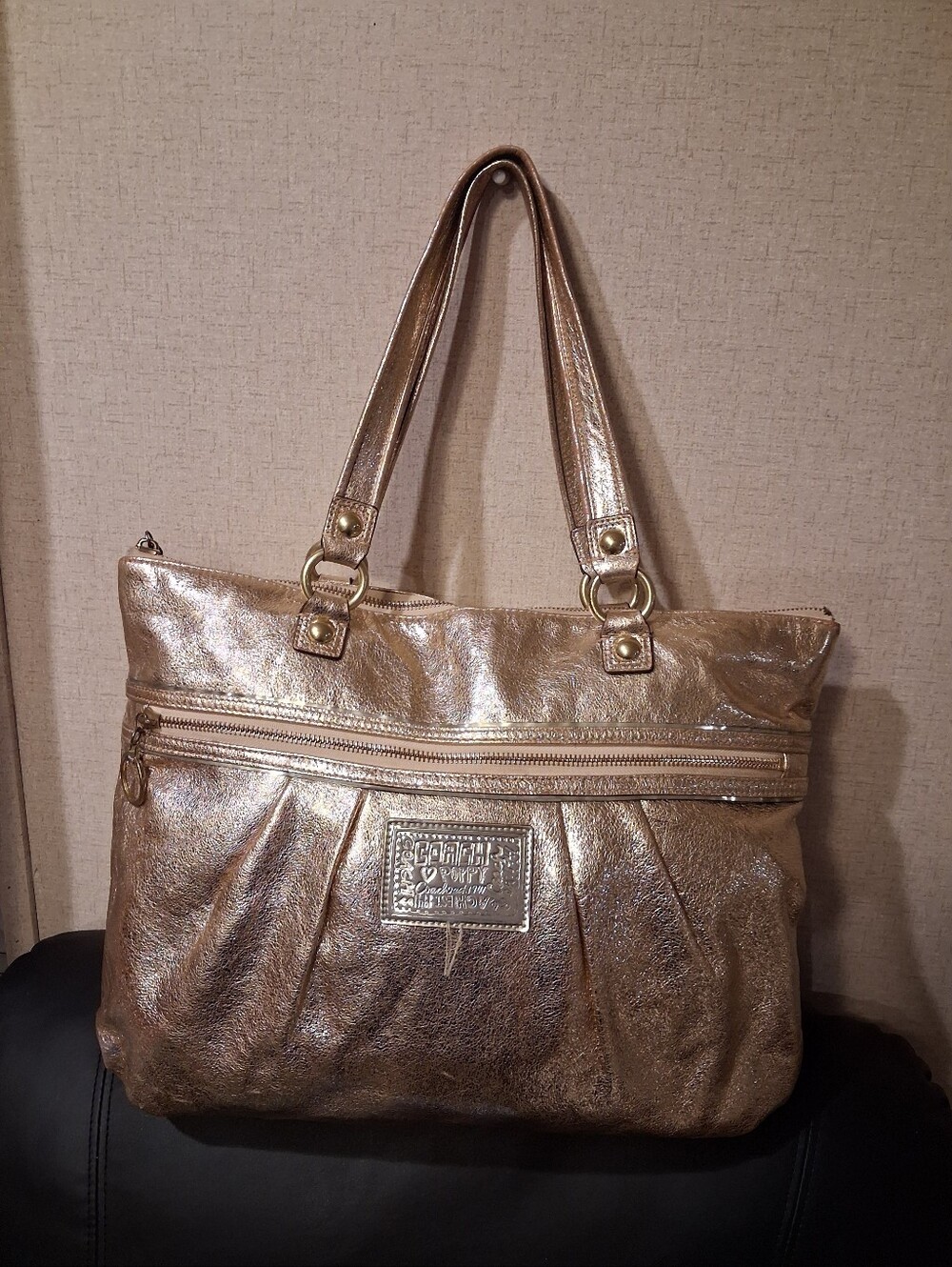 RARE COACH POPPY METALLIC GOLD CHAMPAGNE LEATHER LARGE TOTE BAG #H1281-F20441